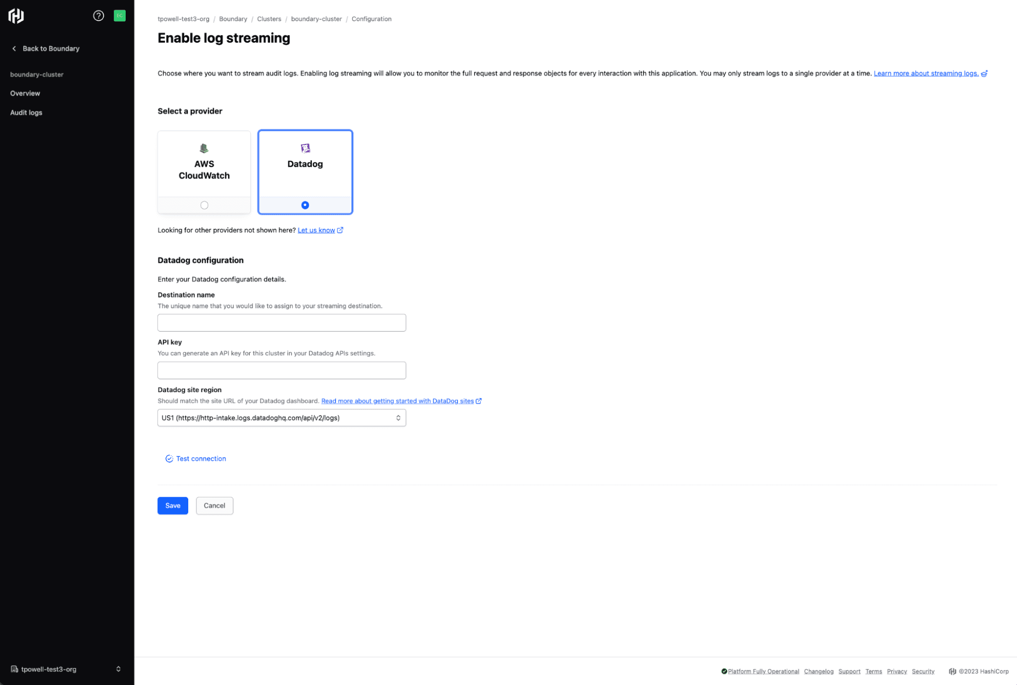 Datadog audit log configuration