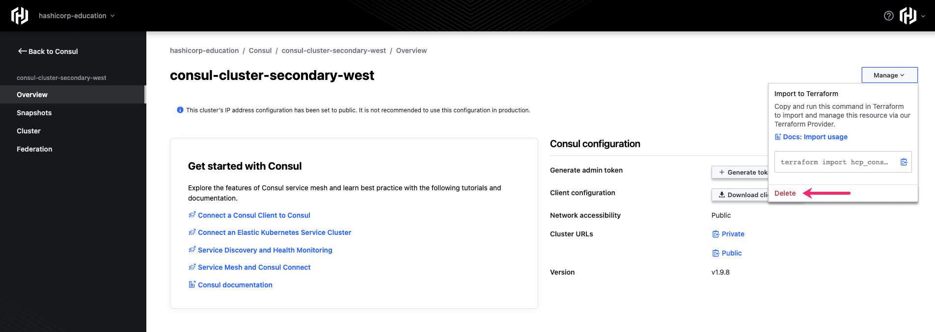 View of the delete option for the secondary cluster