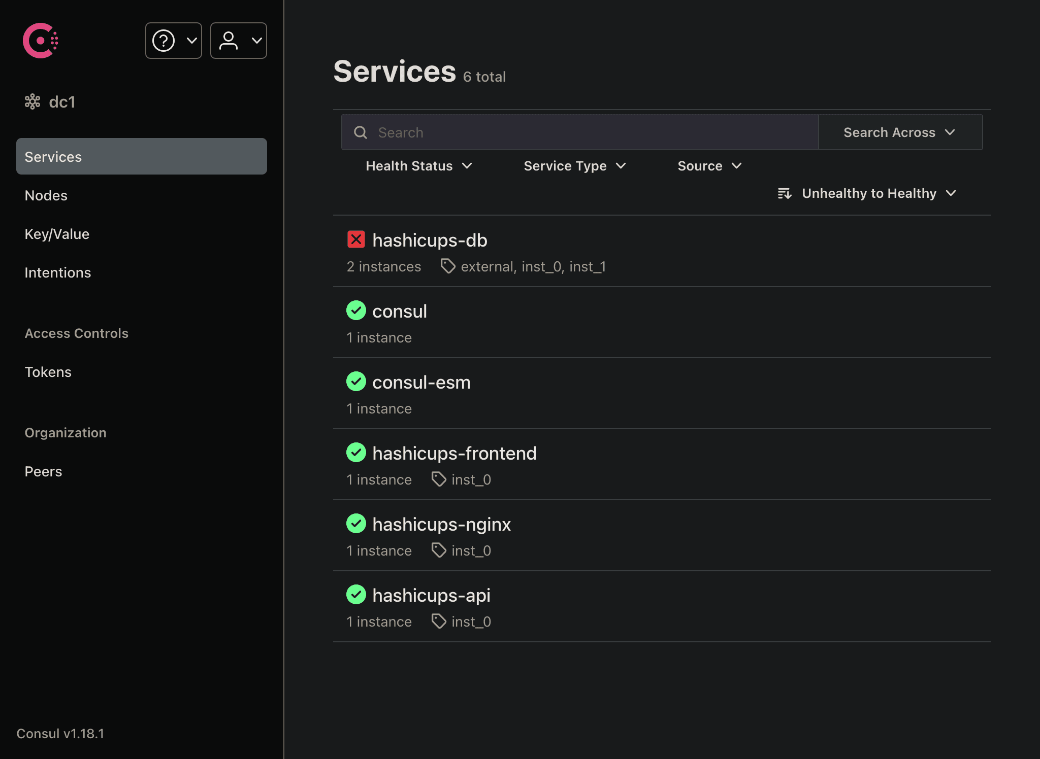 Services page - Multiple DB instances - One failing instance