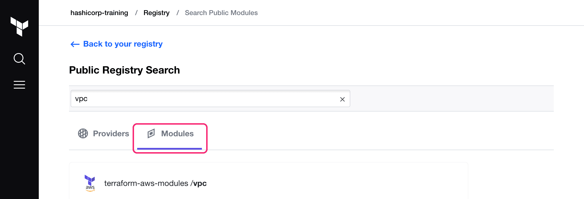 Search for modules to add to private registry